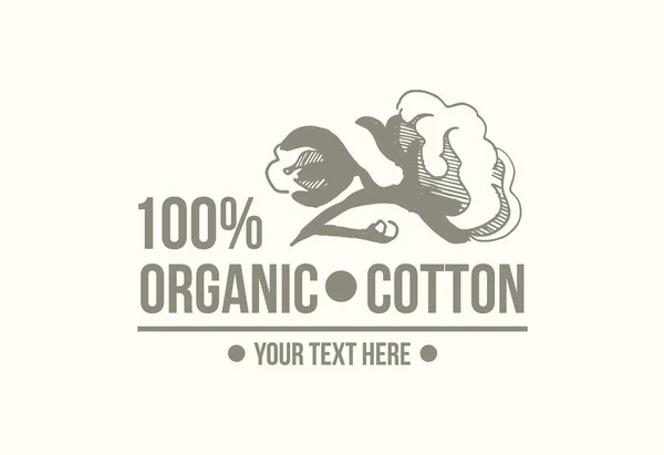 Algodón orgánico natural, conjunto de etiquetas de vectores de algodón puro. Dibujado a mano, iconos de estilo tipográfico o insignias, pegatinas, signos. Fondo blanco aislado — Vector de stock