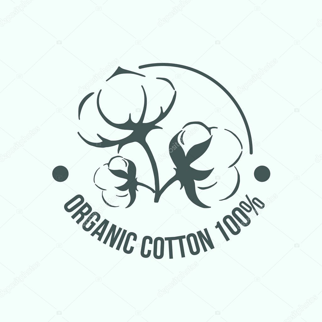 Natural organic cotton, pure cotton vector labels set. Hand drawn, typographic style icons or badges, stickers, signs. Isolated on white background