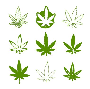 Vektör el çekilmiş Icon illüstrasyon set yeşil Kenevir kenevir yaprak beyaz arka plan üzerinde