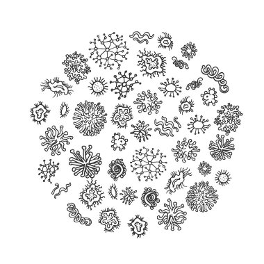 Beyaz arka plan üzerinde izole farklı mikroorganizmalar kümesi. Bulaşıcı mikroplar, protistalar, mikrop toplama. Bohça-in bakteri, virüsler neden olan hastalık. 