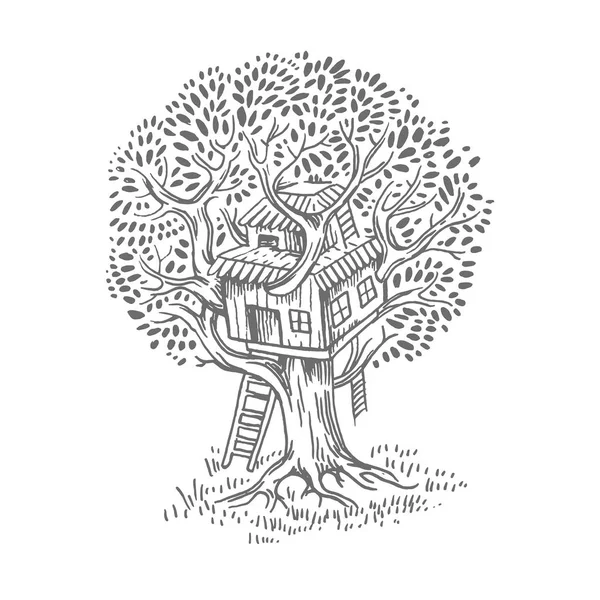 Tree house. House on tree for kids. Children playground ladder. Flat style vector illustration — Stock Vector