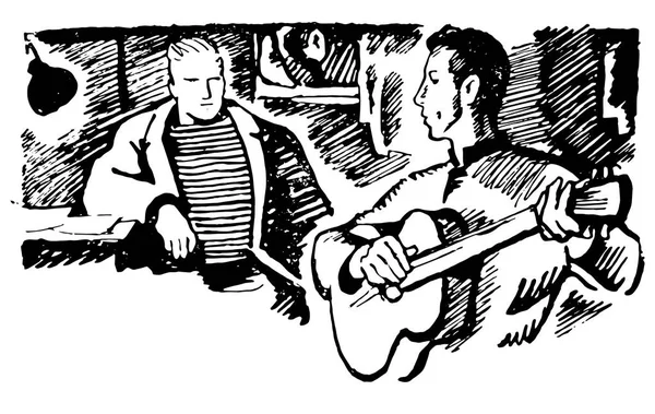 Vector Esboço desenhado à mão do homem com ilustração de guitarra sobre fundo branco — Vetor de Stock