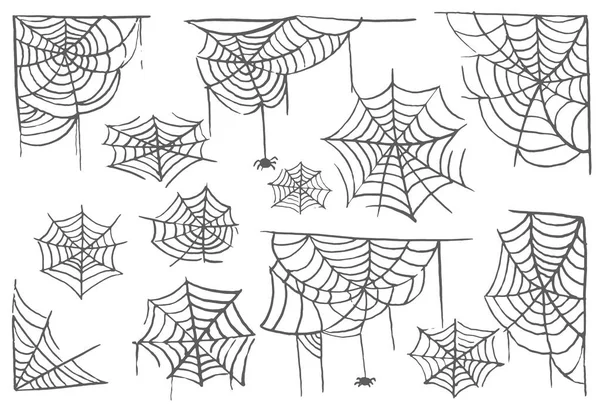 Collection of Cobweb isolated transparent background. Spiderweb for Halloween design. Spider web elements spooky and scary horror halloween decor. Hand drawn silhouette vector illustration. — Stock Vector