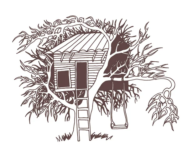 Деревянный домик. Дом на дереве для детей. Лестница для детской площадки. Векторная иллюстрация плоского стиля — стоковый вектор