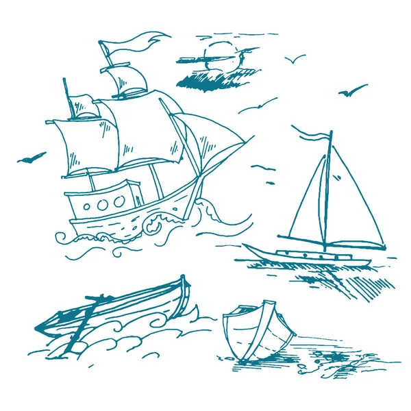 Logotipo vectorial dibujado a mano del velero vintage en el mar — Archivo Imágenes Vectoriales