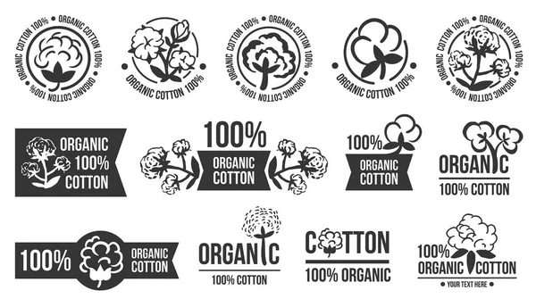 Natürliche Bio-Baumwolle, Vektoretiketten aus reiner Baumwolle. handgezeichnete, typografische Stilikonen oder Abzeichen, Aufkleber, Schilder. isolierter weißer Hintergrund — Stockvektor