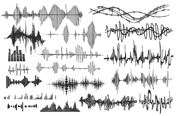 Onde sonore vettoriali impostate. Lettore audio. Tecnologia equalizzatore audio, pulsazioni musicali. Illustrazione vettoriale — Vettoriale Stock