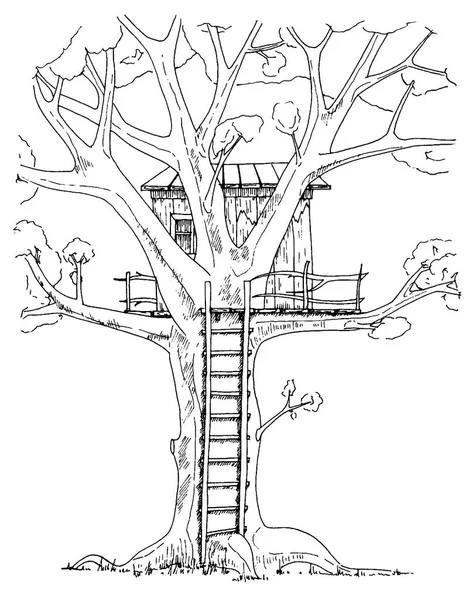 Dům na stromě. Dům na stromě pro děti. Děti dětské hřiště žebřík. Plochý vektorové ilustrace — Stockový vektor