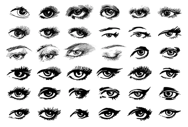 Bella donna occhi vettoriale inchiostro disegno. illustrazione. Set bianco nero . — Vettoriale Stock