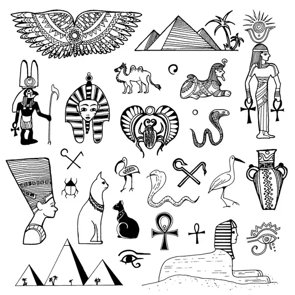 Vektorové ručně tažené skica Egypta symboly ilustrace na bílém pozadí — Stockový vektor