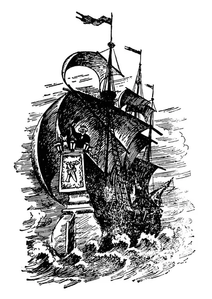 Hand drawn vector logo of vintage sailing ship in the sea — Stock Vector