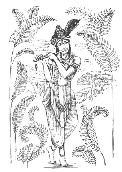 Illustration vectorielle du Seigneur Krishna jouant de la flûte sur fond de salutation de fête indienne Happy Janmashtami — Image vectorielle