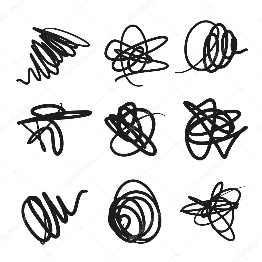 Set of Scribble Stains Hand drawn in Pen, vector logo design elements