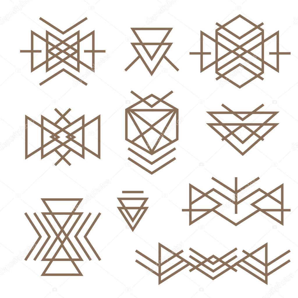 Abstract monotone geometric shapes with variety of pattern in aztec - mayan style for t-shirt, corporate business or technology identity design, online presentation website element