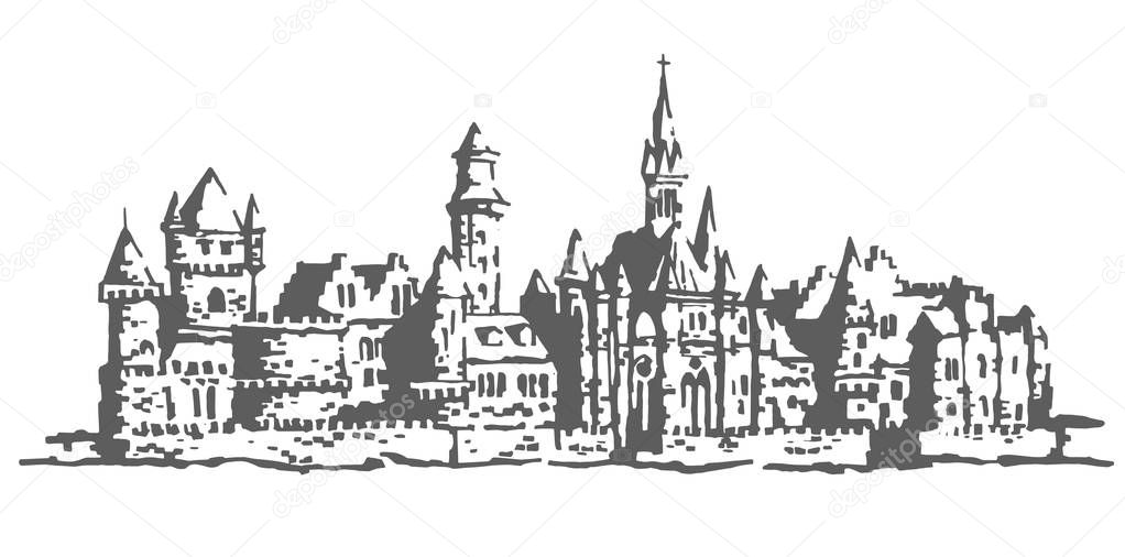 Vector hand drawn illustration of castle on white background.
