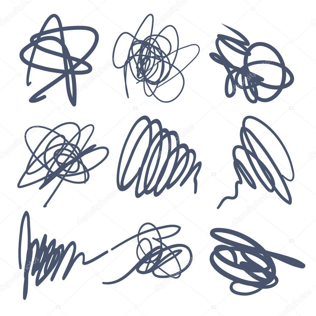 Set of Scribble Stains Hand drawn in Pen, vector logo design elements on white background