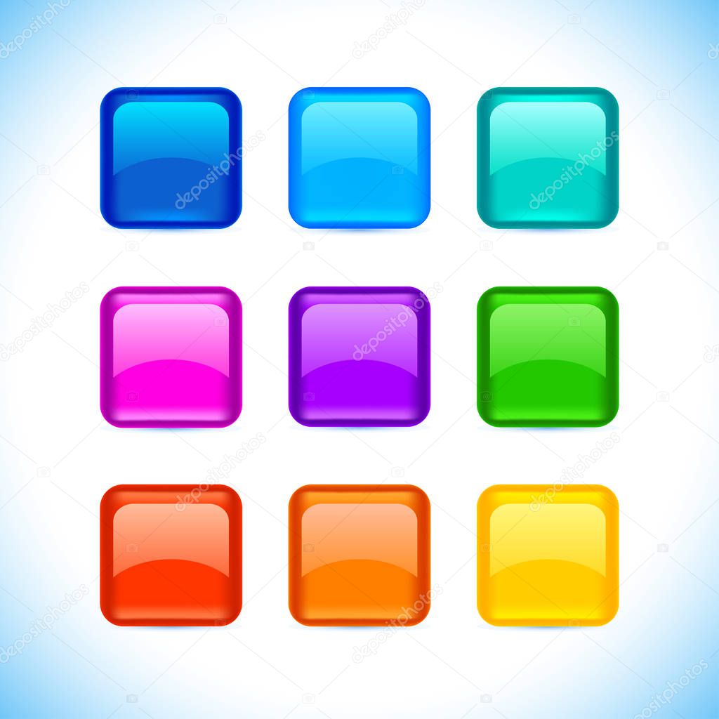 Colored matted blank rounded squares buttons with color and reflection on white icons set