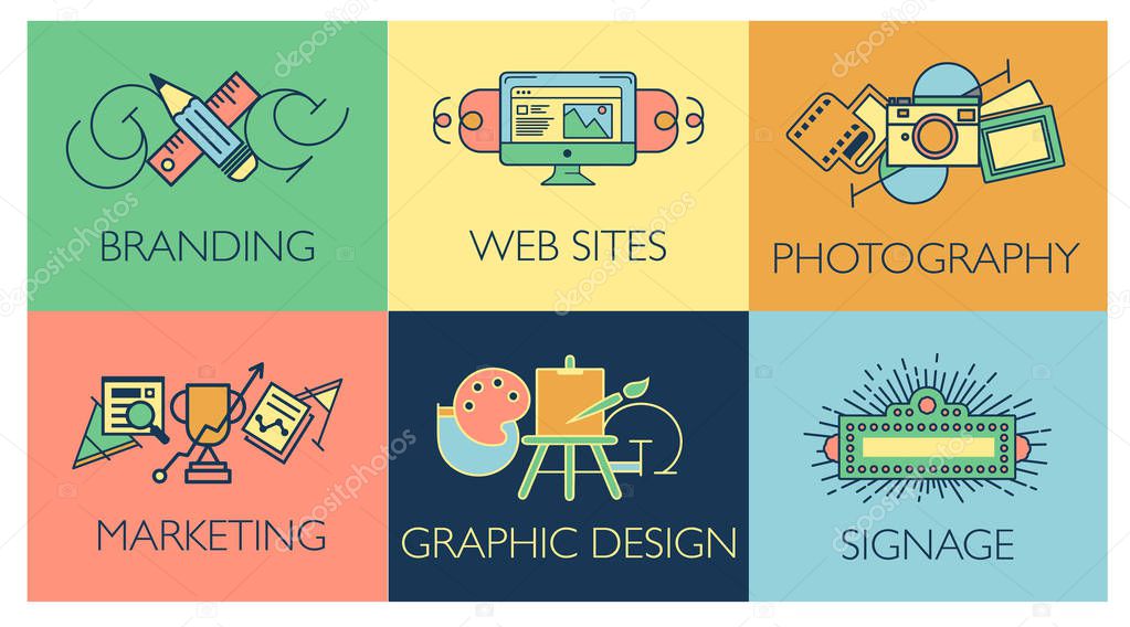 Creative design process concept with web studio development elements. Flat line icons modern style vector illustration set. 