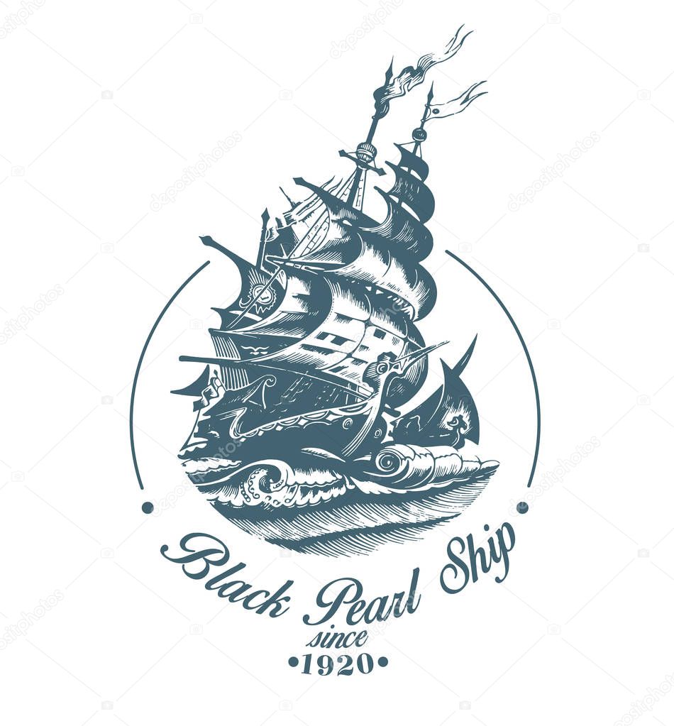 Hand drawn vector logo of vintage sailing ship in the sea
