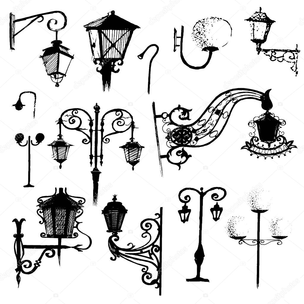 Hand drawn doodle city street lantern set. Ink vector illustration