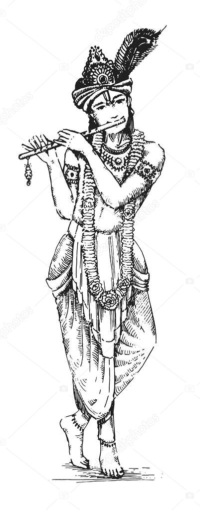 Vector illustration of Lord Krishna playing flute on Happy Janmashtami holiday Indian festival greeting background 