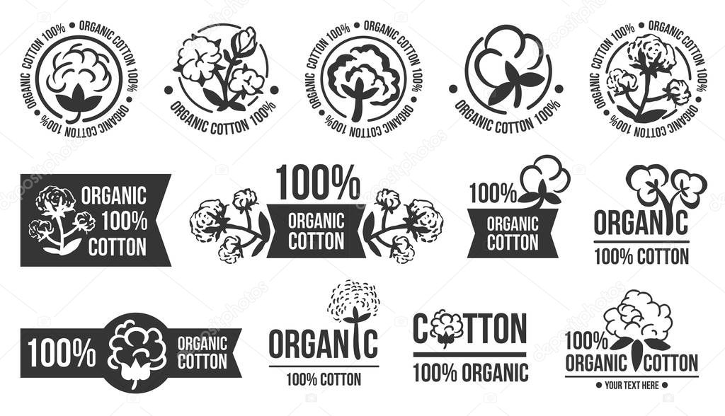 Natural organic cotton, pure cotton vector labels set. Hand drawn, typographic style icons or badges, stickers, signs. Isolated white background