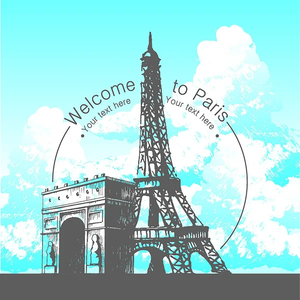 Illustrazione disegnata a mano vettoriale della famosa silhouette di Parigi su sfondo bianco . — Vettoriale Stock
