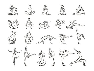 Kadın yoga siluet sembol simge tasarlamak çizgi stili ayarla