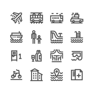 Turistik Icon set vektör illüstrasyon kavramı. Beyaz arka planda siyah