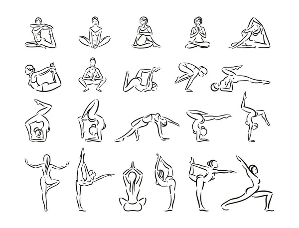 Kadın yoga siluet sembol simge tasarlamak çizgi stili ayarla