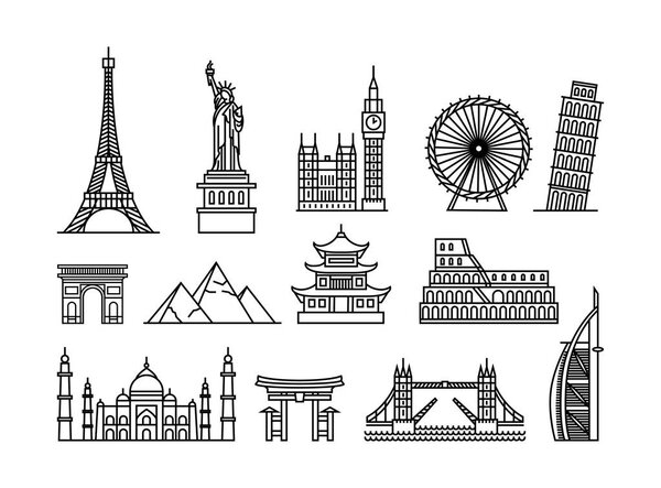 Vector illustration concept of famous touristic buildings. Black on white background