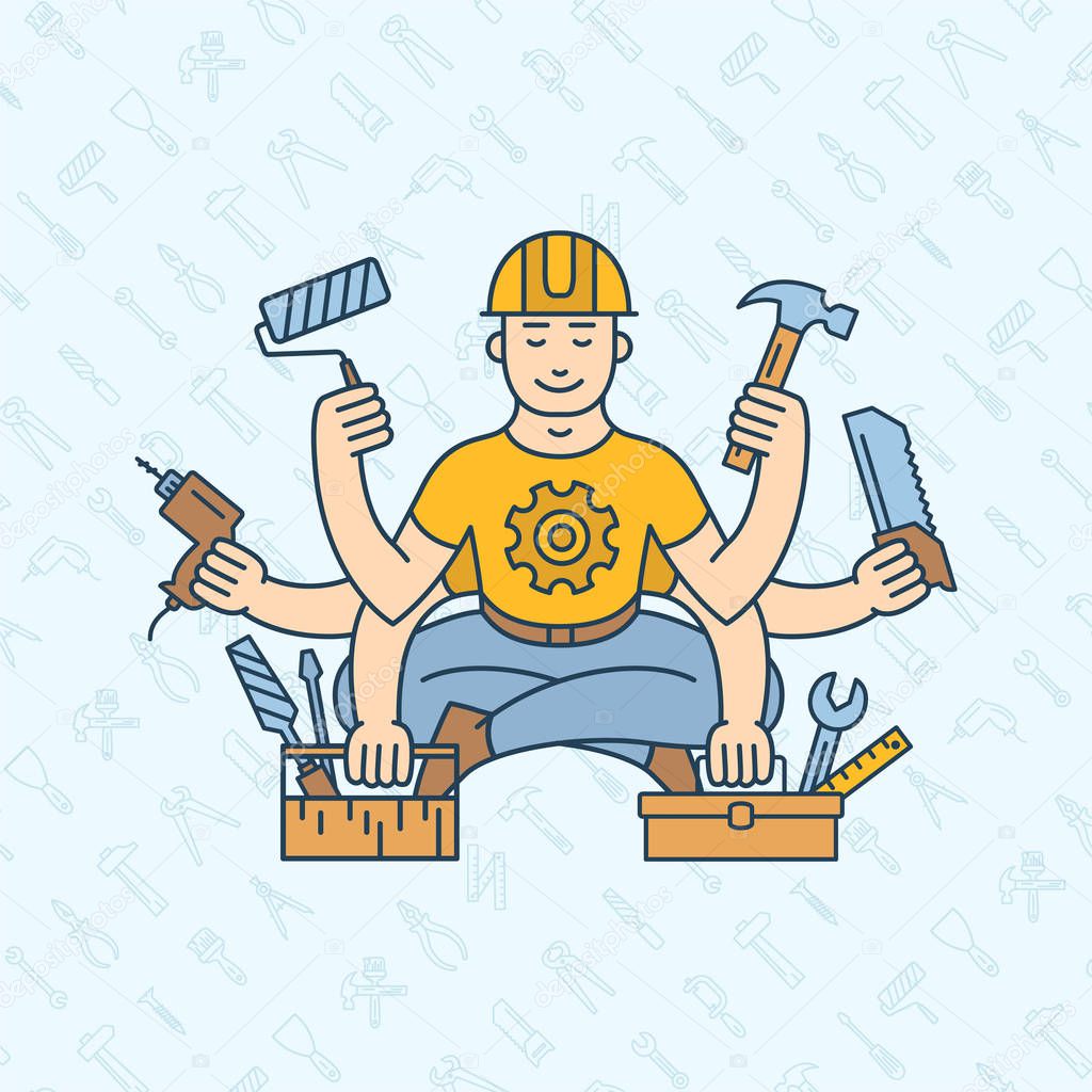 Repairman master with six hands illustration