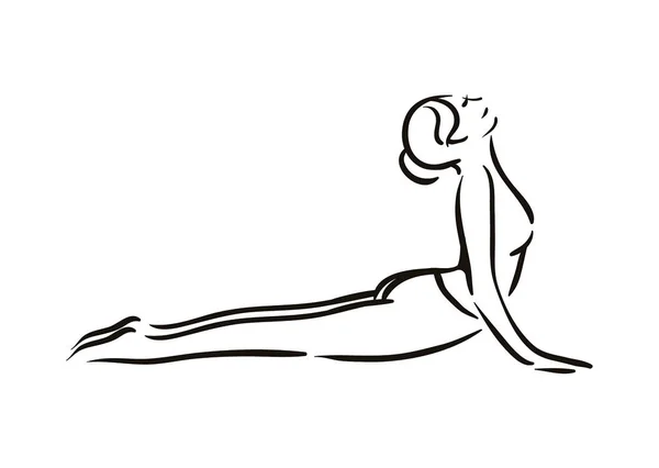 요가 코브라 bhujangasana 흰색 배경에 그림 포즈. 휴식과 명상. 건강 한 생활양식입니다. 균형 훈련. — 스톡 벡터