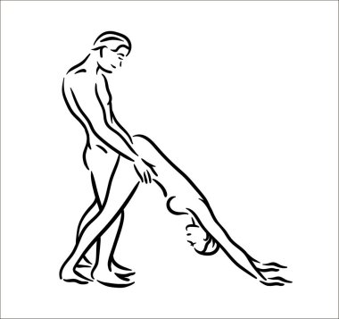 Kama sutra cinsel poz. Seks adam ve kadın beyaz arka plan üzerinde örnek teşkil etmektedir.