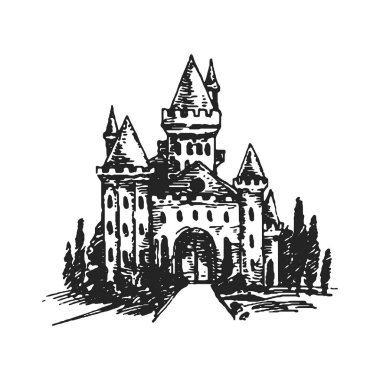 Vektör siluet illüstrasyon otantik kale kule el çekilmiş