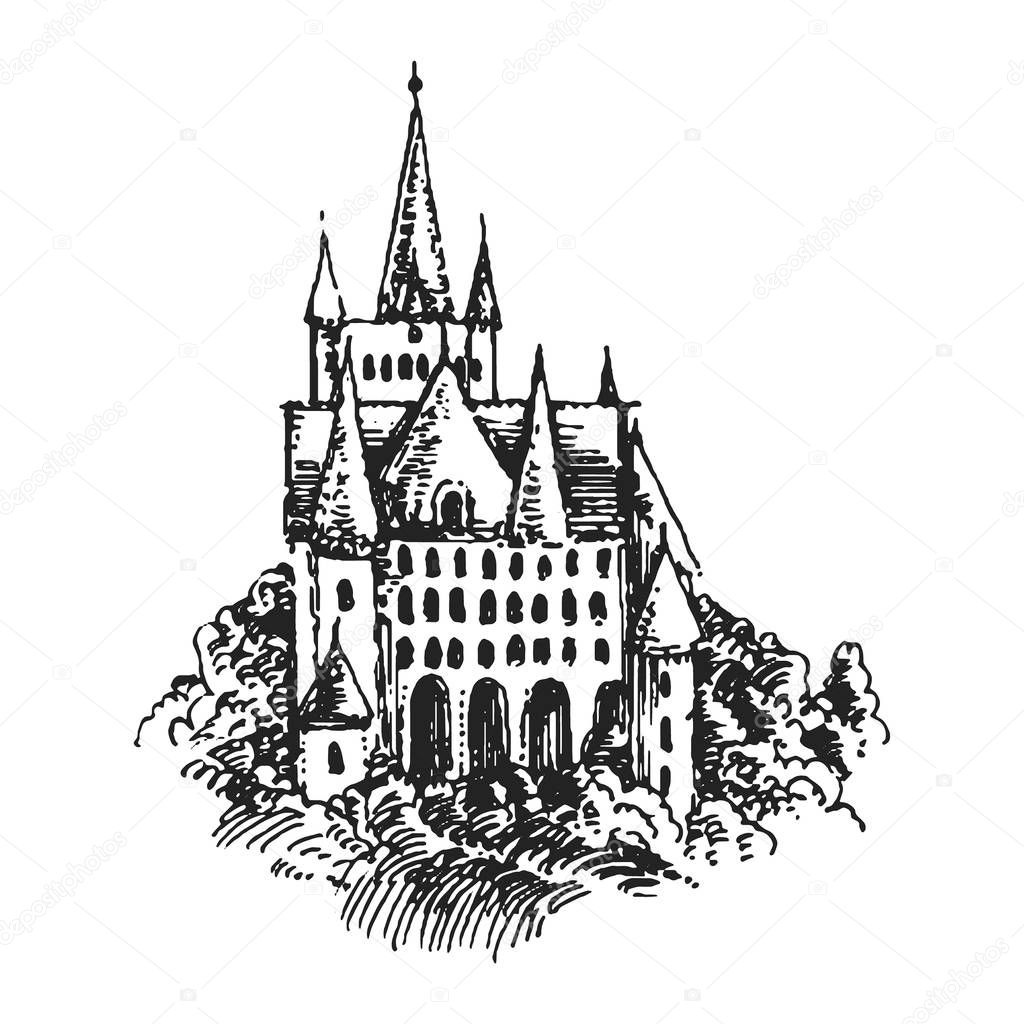 Authentic Castle tower hand drawn vector silhouette illustration