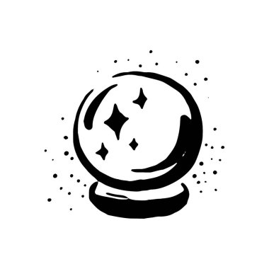 Beyaz arka plan üzerinde cadı ve sihirli madde kristal top illüstrasyon vektör el çekilmiş.