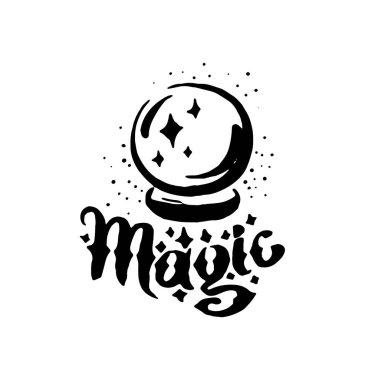 Cadı ve sihirli madde kristal top illüstrasyon vektör el çekilmiş 