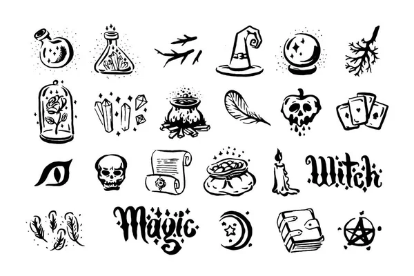 Illustration vectorielle dessinée à la main de Sorcières et d'objets magiques sur fond blanc . — Image vectorielle