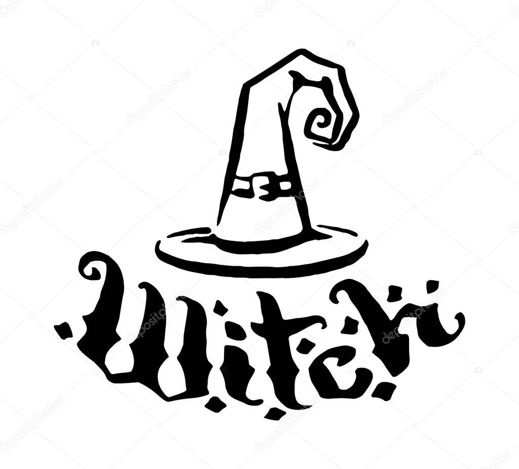 Vector hand drawn Witch and magic item hat illustration on white background.