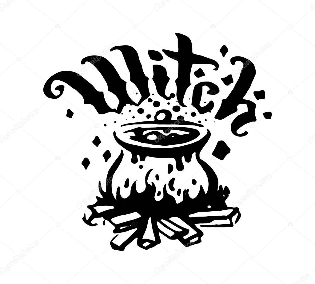 Vector hand drawn Witch and magic item brew in boiler illustration on white background.