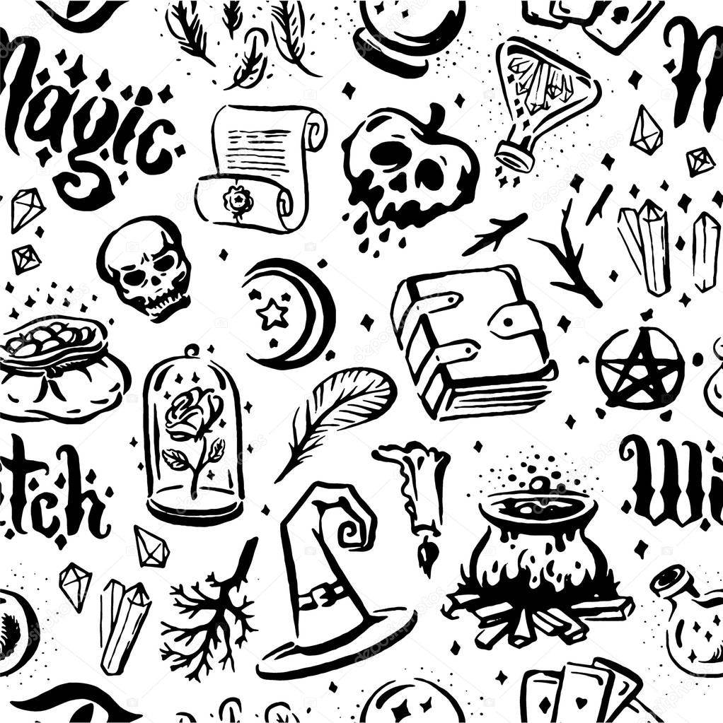 Vector hand drawn illustration of Witch and magic item illustration seamless pattern on white background.