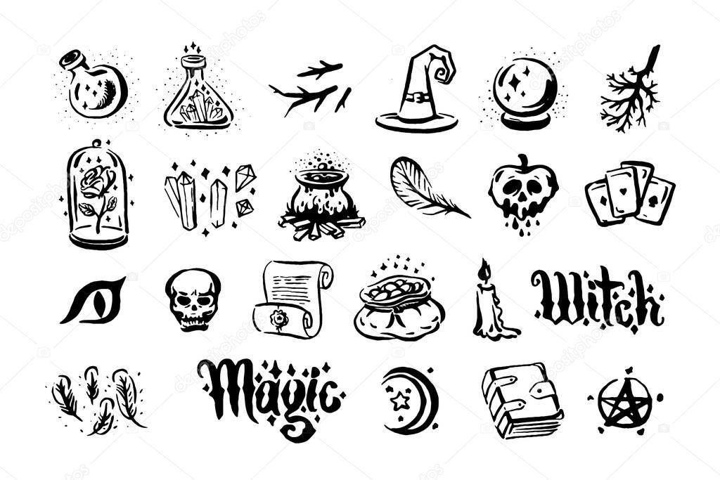 Vector hand drawn illustration of Witch and magic item illustration