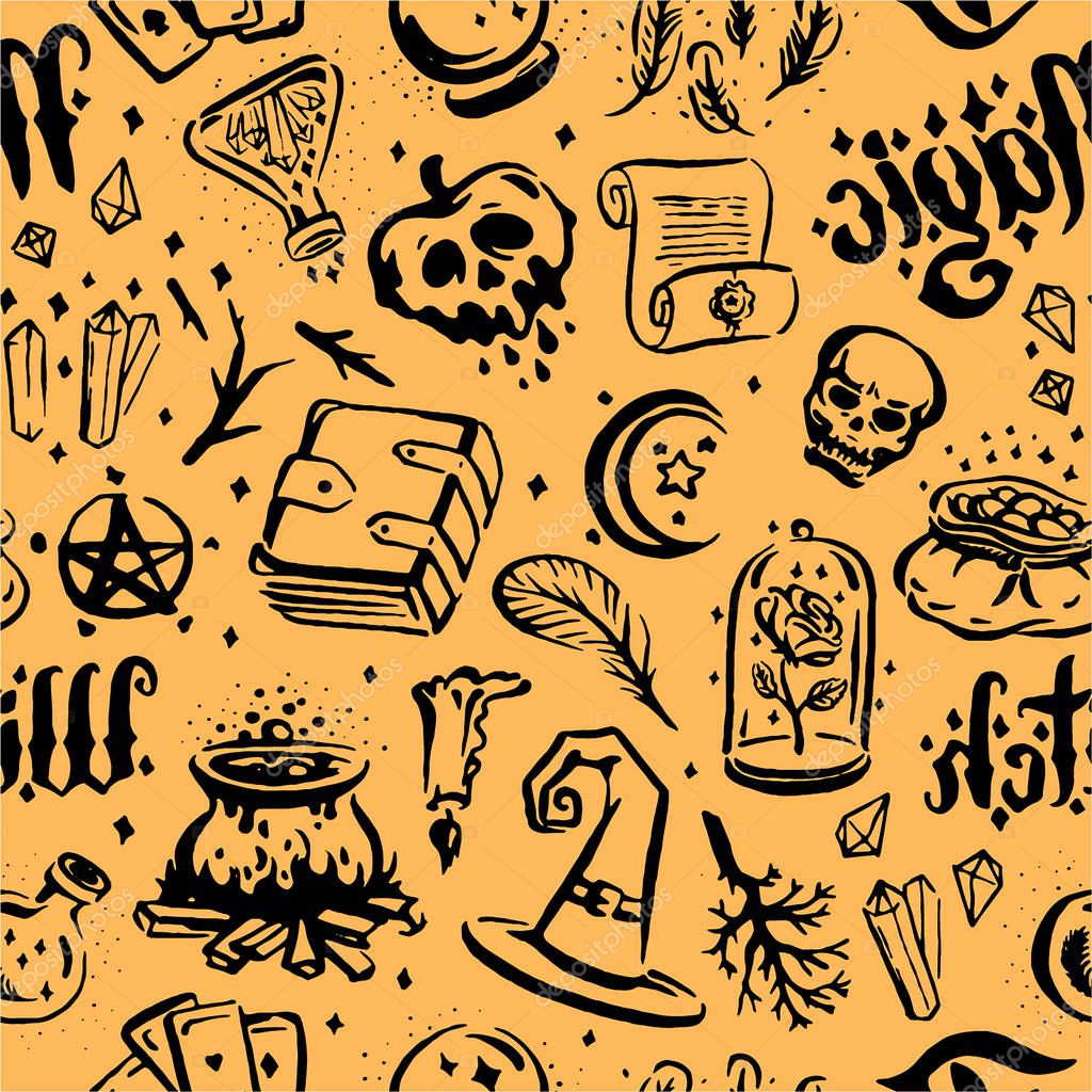 Vector hand drawn illustration of Witch and magic item illustration