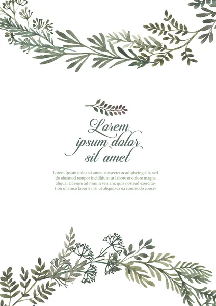 Esküvői meghívó keretkészlet, levelek, akvarell, elszigetelt fehér. Előrajzolt koszorú, virág és gyógynövények garland, zöld, zöld színű. Kézzel rajzolt akvarell stílusú, jellegű művészet. — Stock Fotó