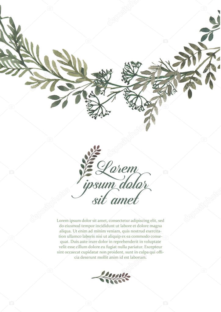 Wedding invitation frame set, leaves, watercolor, isolated on white. Sketched wreath, floral and herbs garland with green, greenery color. Hand drawn Watercolor style, nature art.