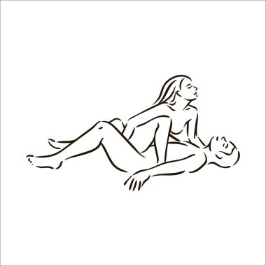 Erkek ve kadın beyaz arka plan üzerinde aşk resimde vektör elle çizilmiş Kama Sutra sex poz