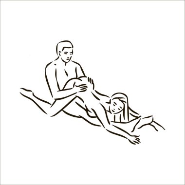 Erkek ve kadın beyaz arka plan üzerinde aşk resimde vektör elle çizilmiş Kama Sutra sex poz