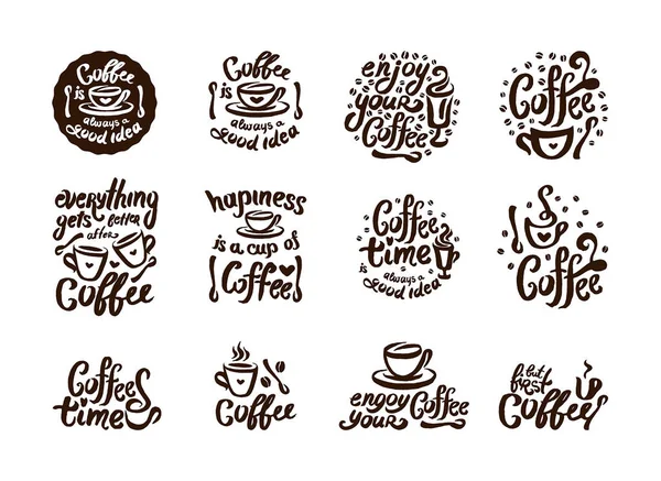 Vecteur dessiné à la main Citation café lettrage illustration composition avec tasse symbole — Image vectorielle