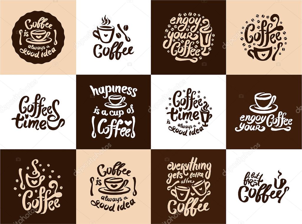 Vector hand drawn Coffee quote lettering illustration composition with cup symbol 